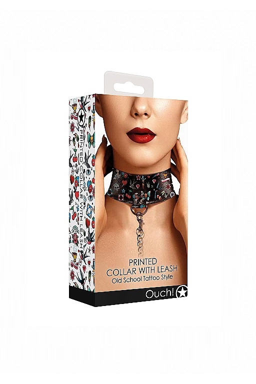 Ошейник Printed Collar With Leash Old School Tattoo Style