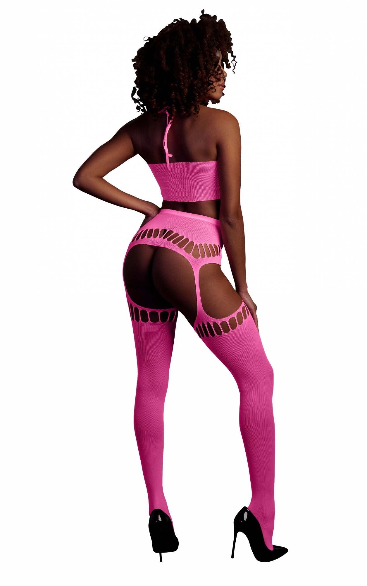 Топ в комплекте с трусиками и чулками Two Piece with Crop Top and Stockings - Pink - XS/XL